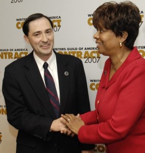 Patric M. Verrone shakes hands with NAACP Image Awards Committee Chair Clayola Brown after a news conference in Los Angeles Patric M. Verrone shakes hands with NAACP Image Awards Committee Chair Clayola Brown after a news conference in Los Angeles